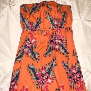 Orange tropical maxi strapless dress